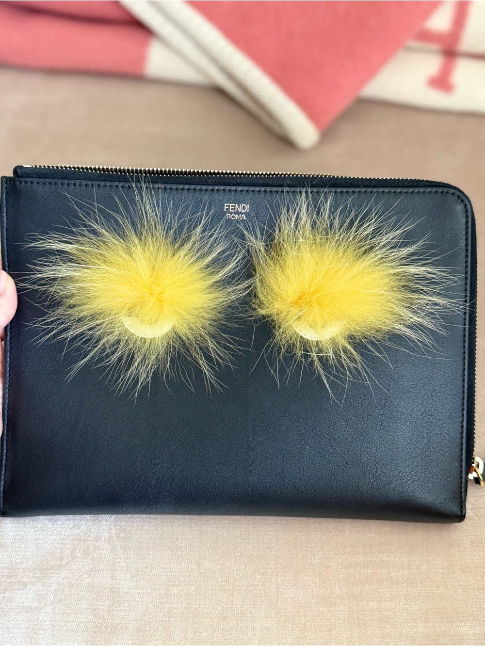 Fendi Monster Black Leather Pouch with Yellow Fur Pom